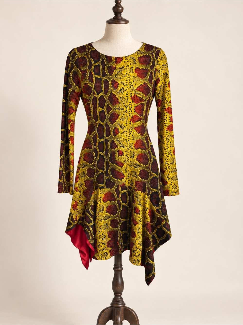 Y2K Just Cavalli Snakeskin Bodycon Mermaid Style Dress with Red Satin Lining